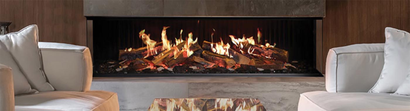 Cosy and elegant electric fireplace burning in a livingroom.